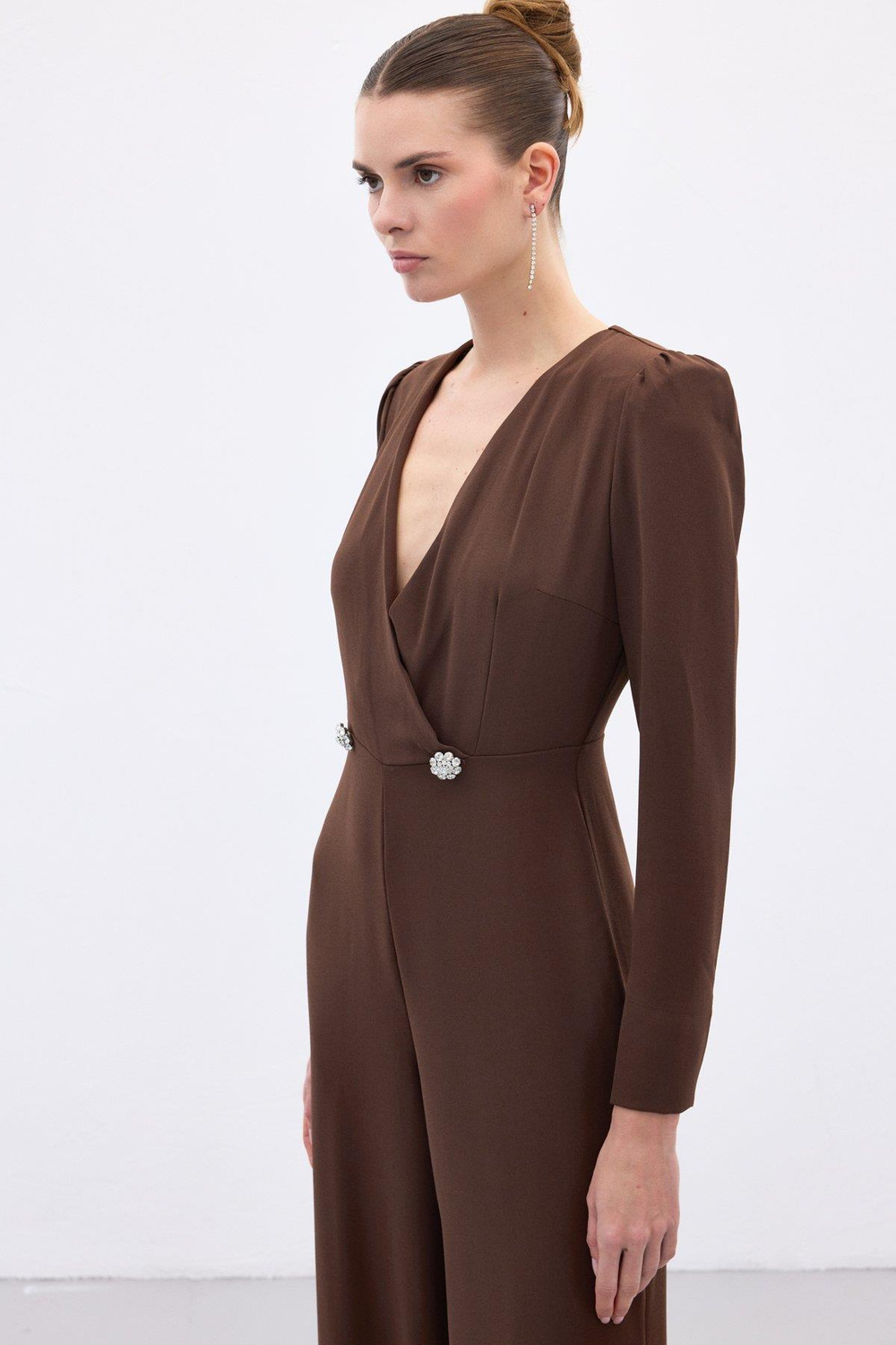 Wholesale Womens Brown Crepe Jumpsuit with Rhinestone Accessories