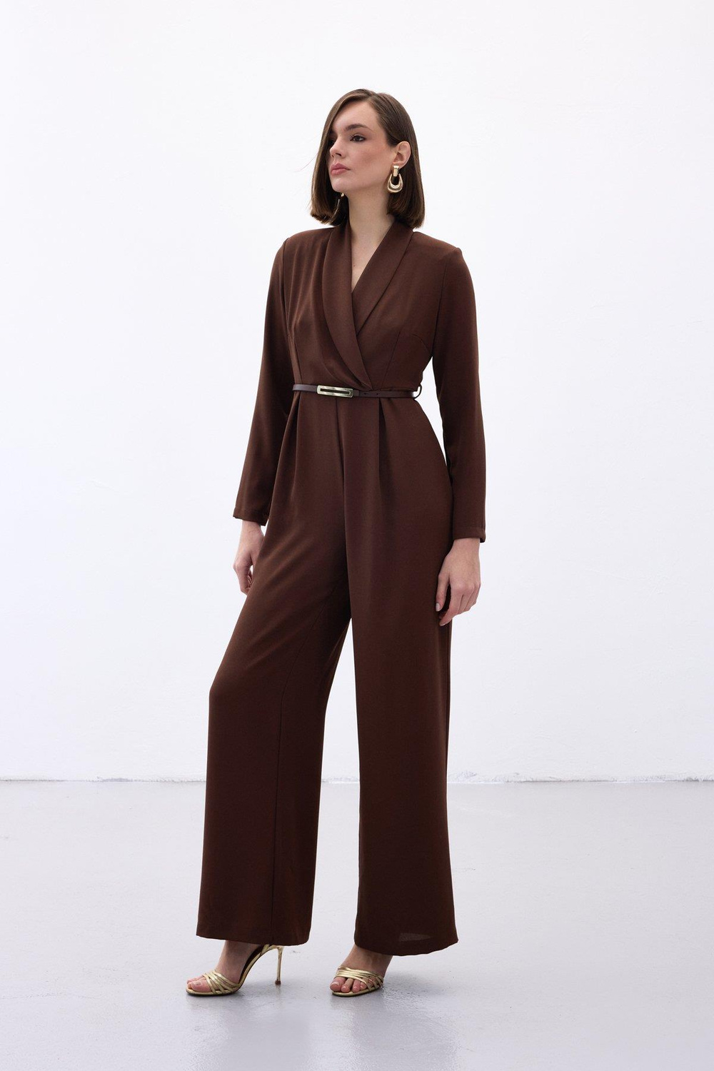 Wholesale Womens Brown Crepe Jumpsuit with Belt