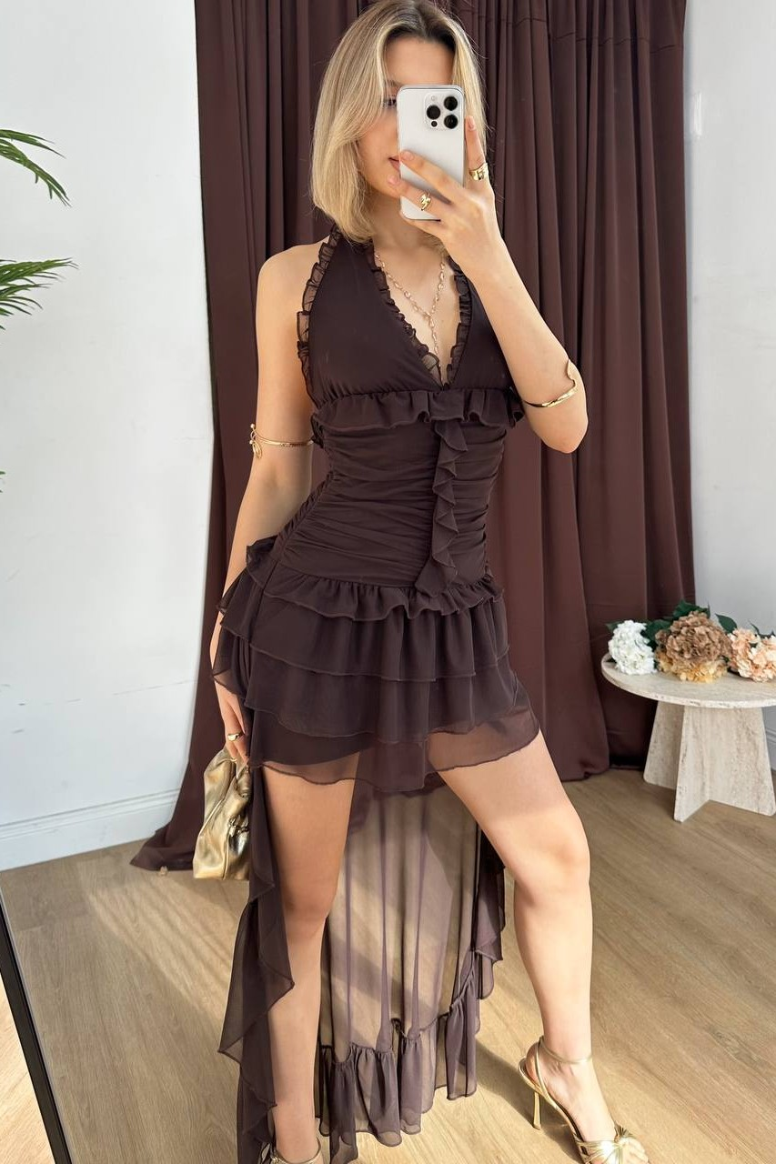 Wholesale Womens Brown Halter Neck High-Low Chiffon Mini Dress