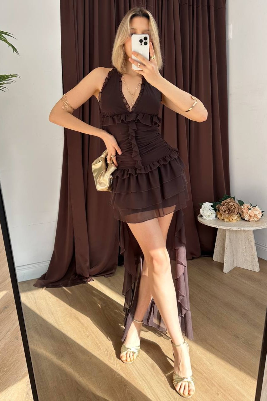 Wholesale Womens Brown Halter Neck High-Low Chiffon Mini Dress