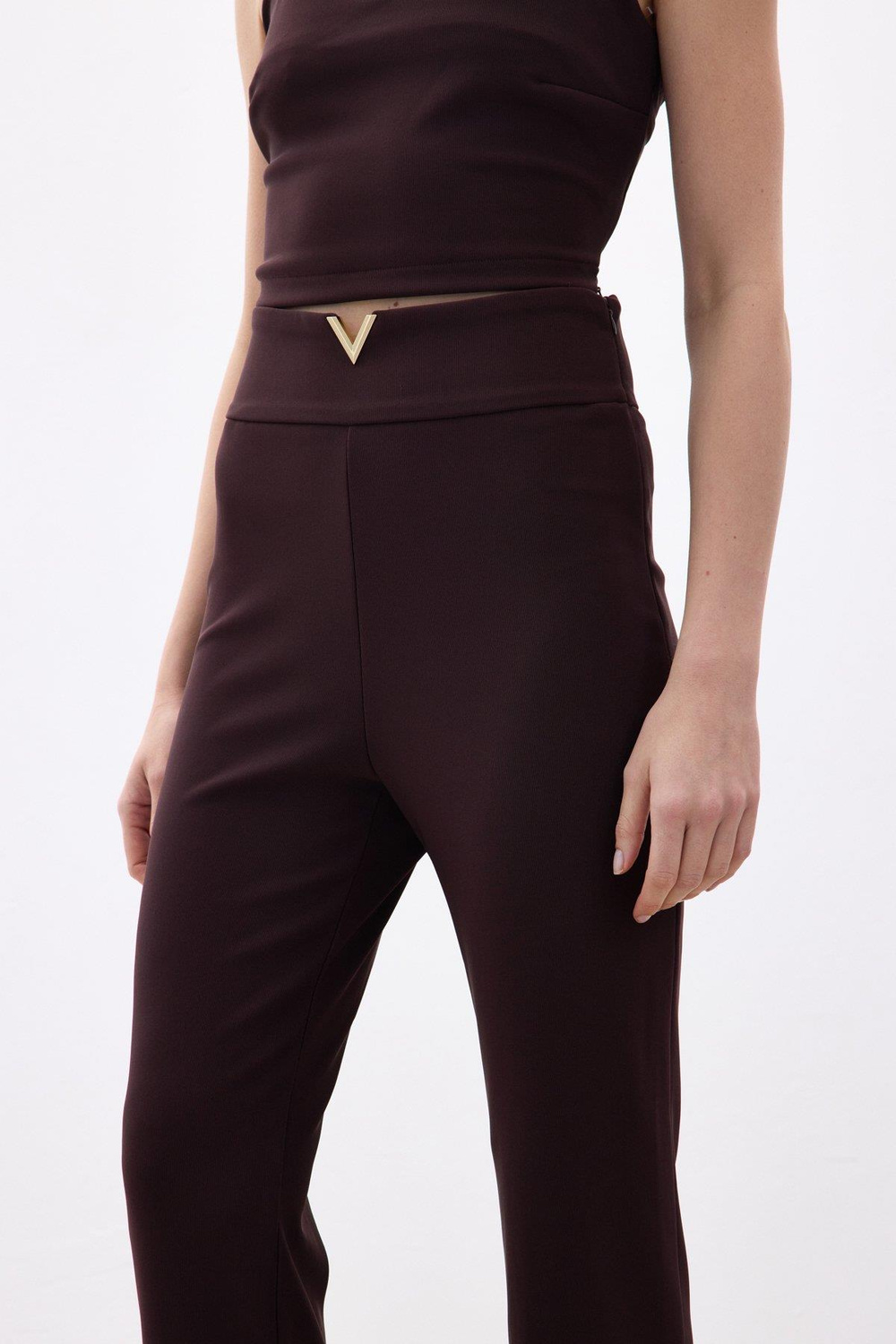 Wholesale Womens Brown High-Waist Trousers with Front V-Shaped Accessory