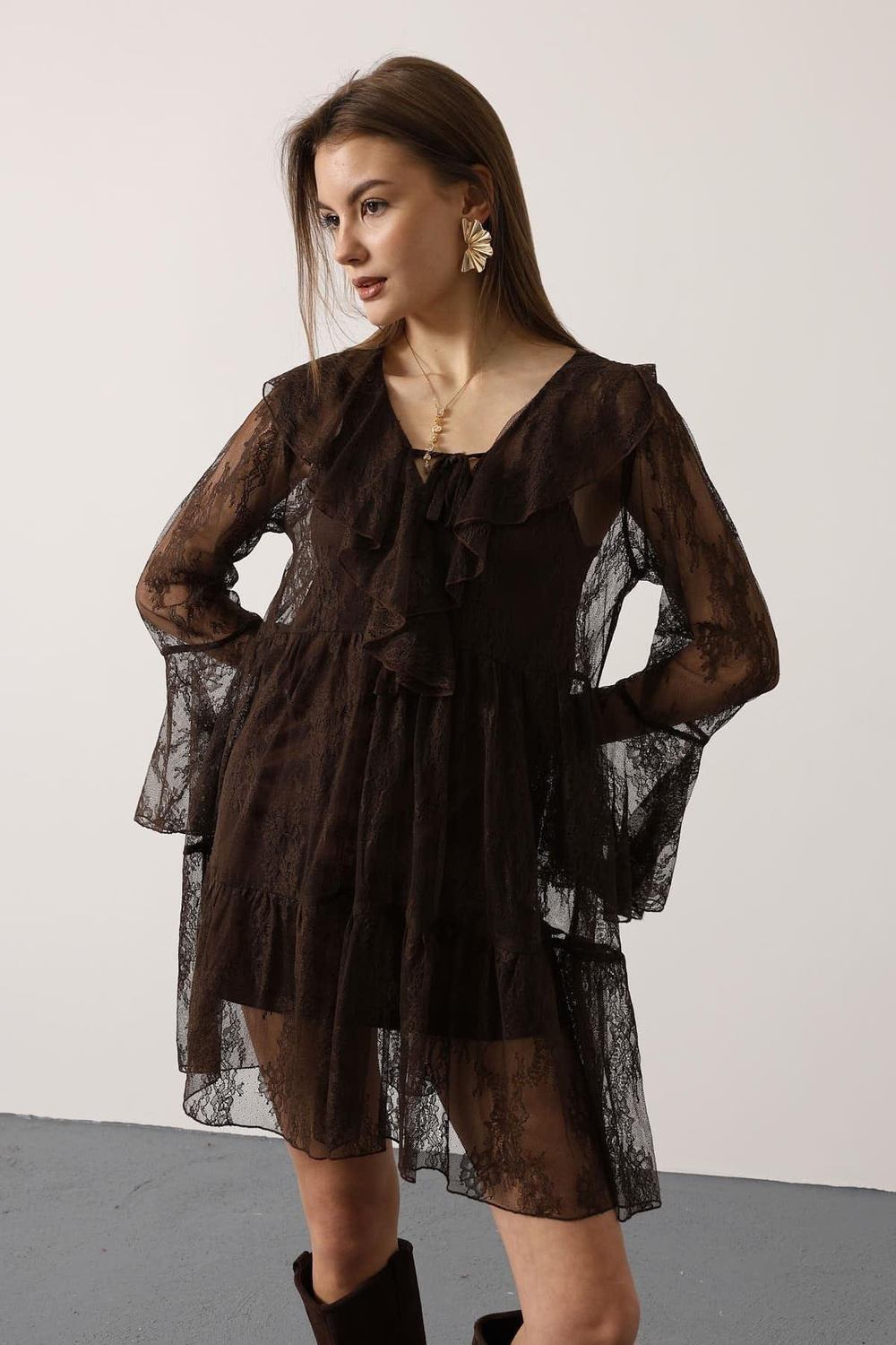 Wholesale Womens Brown Lace Mini Dress