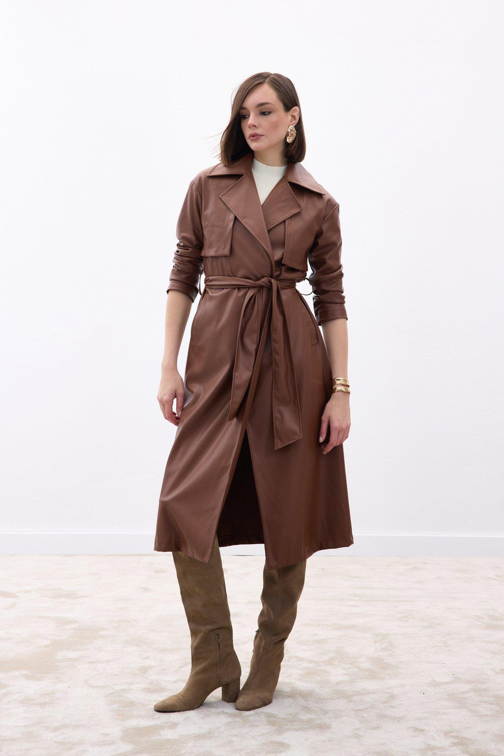 Wholesale Womens Brown Leather Trench Coat