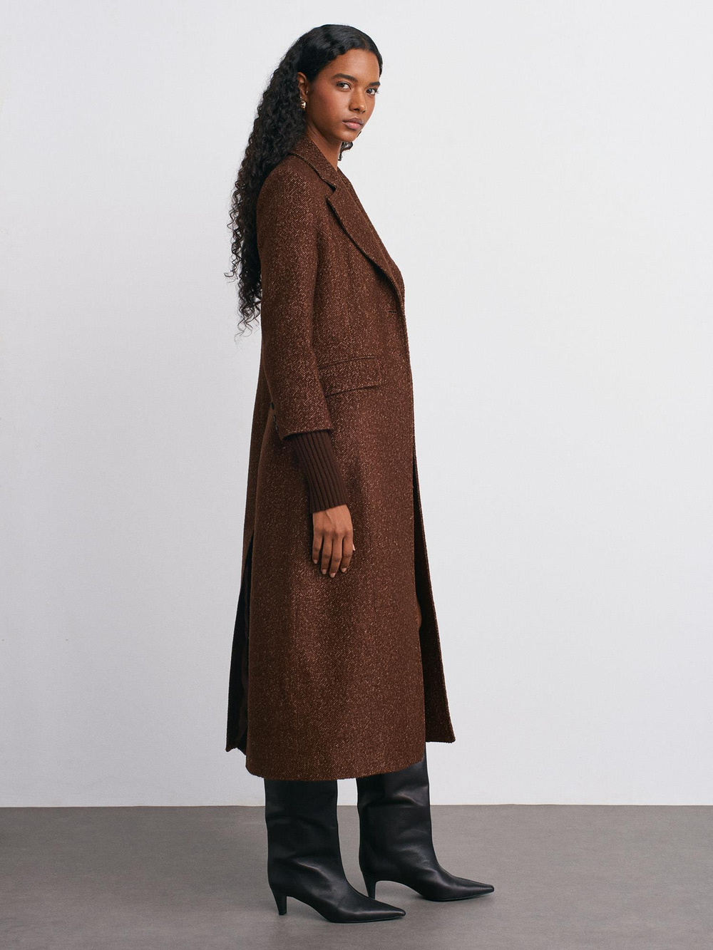 Wholesale Womens Brown Long Coat with Knitted Sleeves