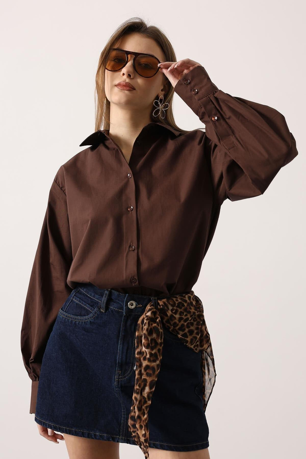 Wholesale Womens Brown Oversized Shirt with Bishop Sleeves