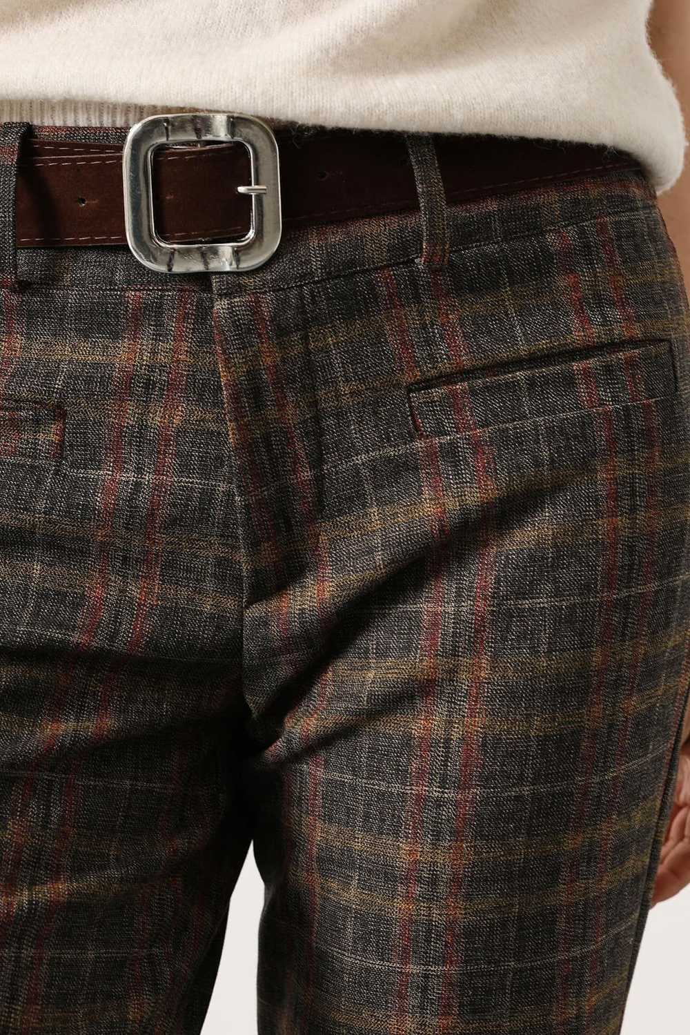 Wholesale Womens Brown Plaid Trousers with Belt