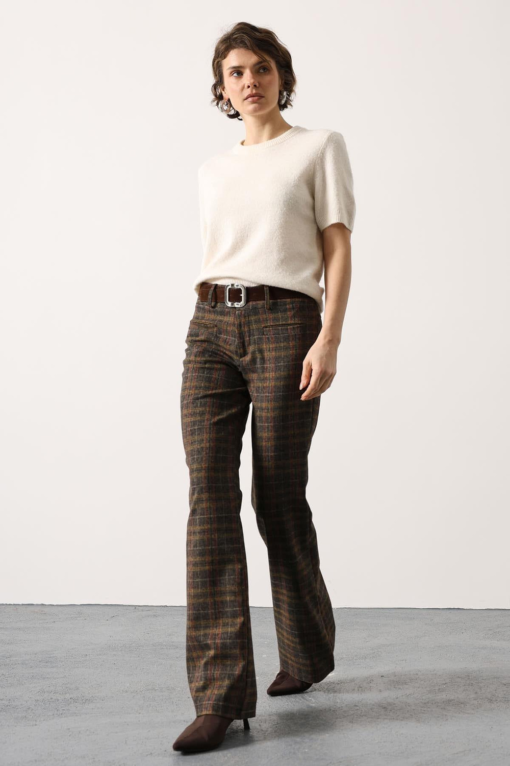 Wholesale Womens Brown Plaid Trousers with Belt