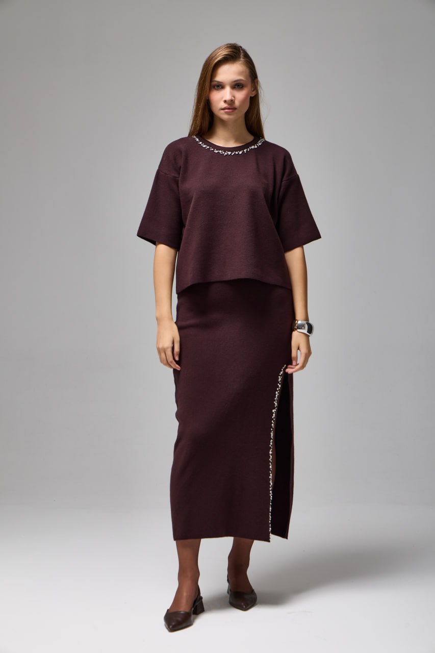 Wholesale Womens Brown Rhinestone-Embellished Viscose Knit Set