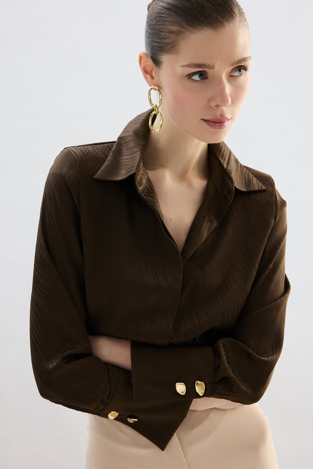 Wholesale Womens Brown Satin Jacquard Shirt with Wide Buttoned Cuffs