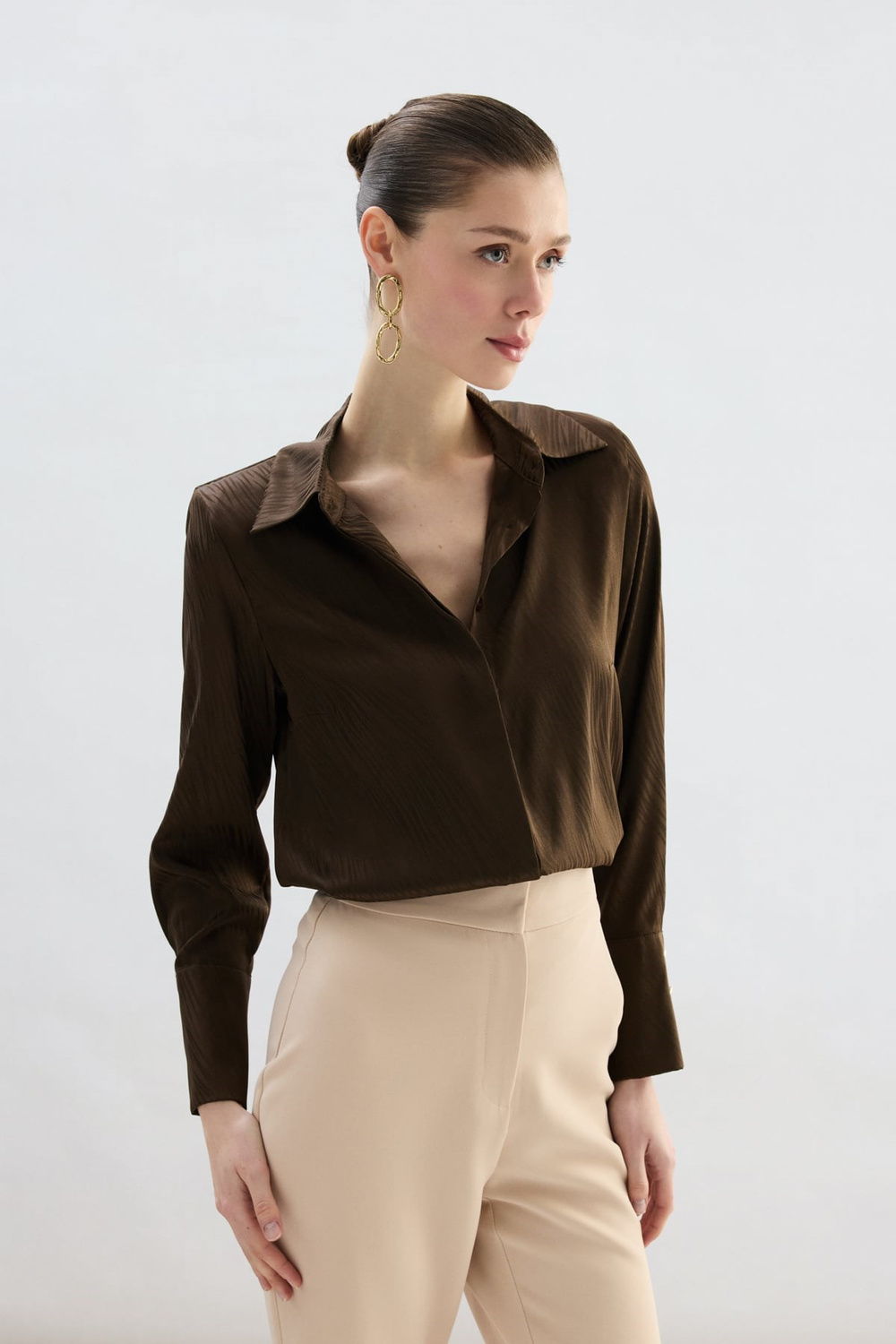 Wholesale Womens Brown Satin Jacquard Shirt with Wide Buttoned Cuffs