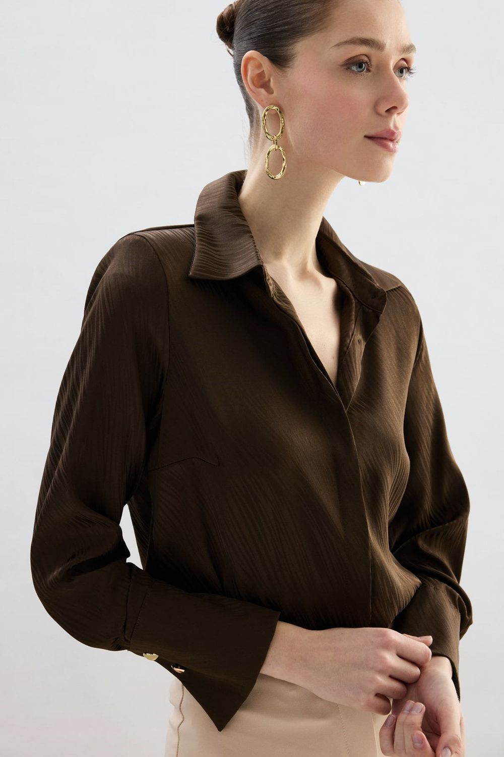 Wholesale Womens Brown Satin Jacquard Shirt with Wide Buttoned Cuffs