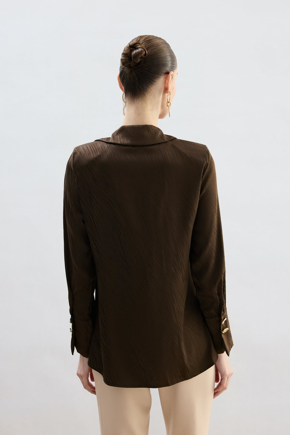 Wholesale Womens Brown Satin Jacquard Shirt with Wide Buttoned Cuffs