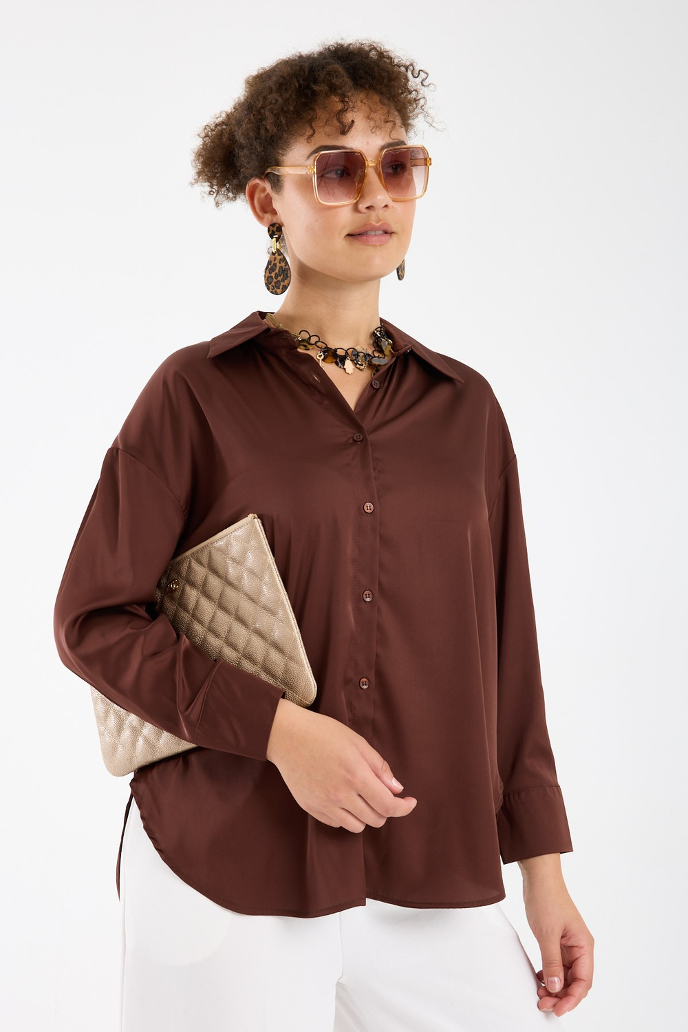 Wholesale Womens Brown Satin Long-Sleeve Shirt