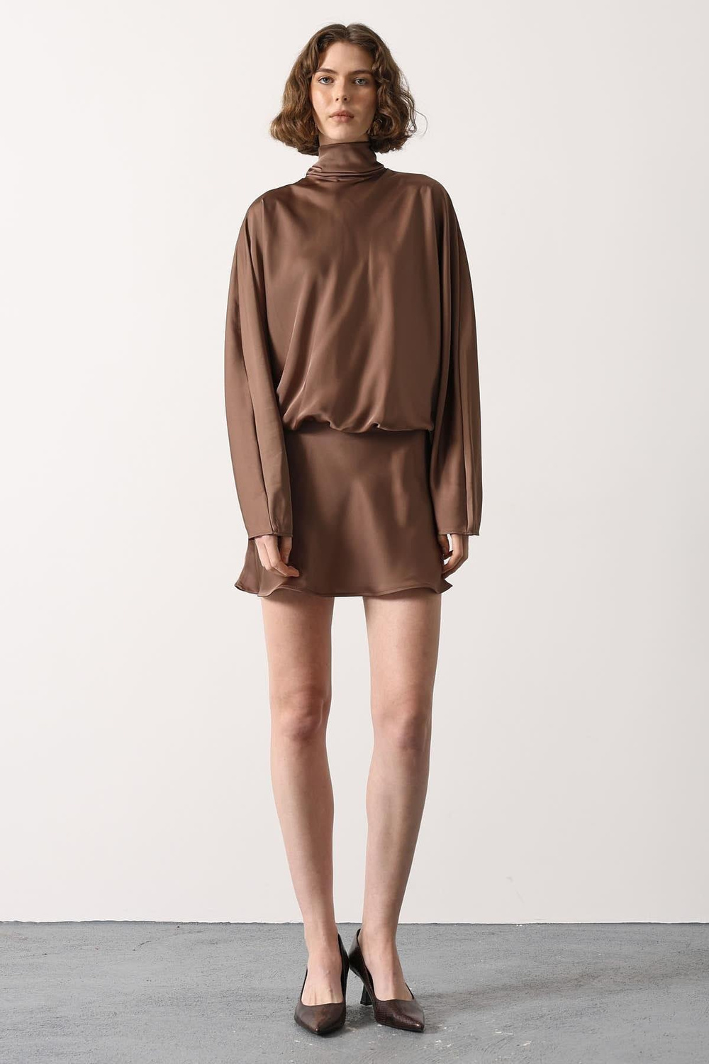 Wholesale Womens Brown Satin Mini Dress with Tie-Neck