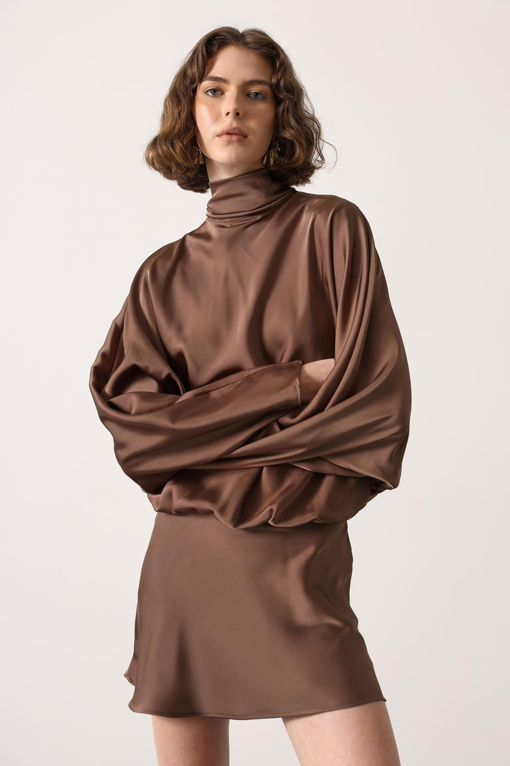 Wholesale Womens Brown Satin Mini Dress with Tie-Neck