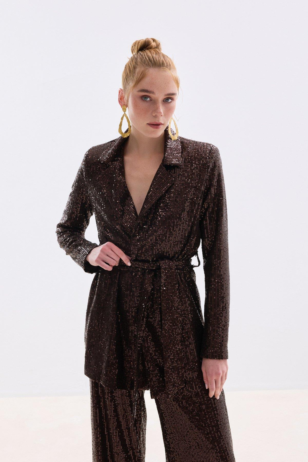 Wholesale Womens Brown Sequined Jacket with Sash