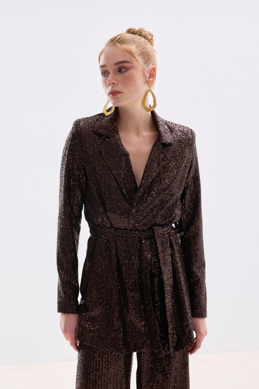 Wholesale Womens Brown Sequined Jacket with Sash
