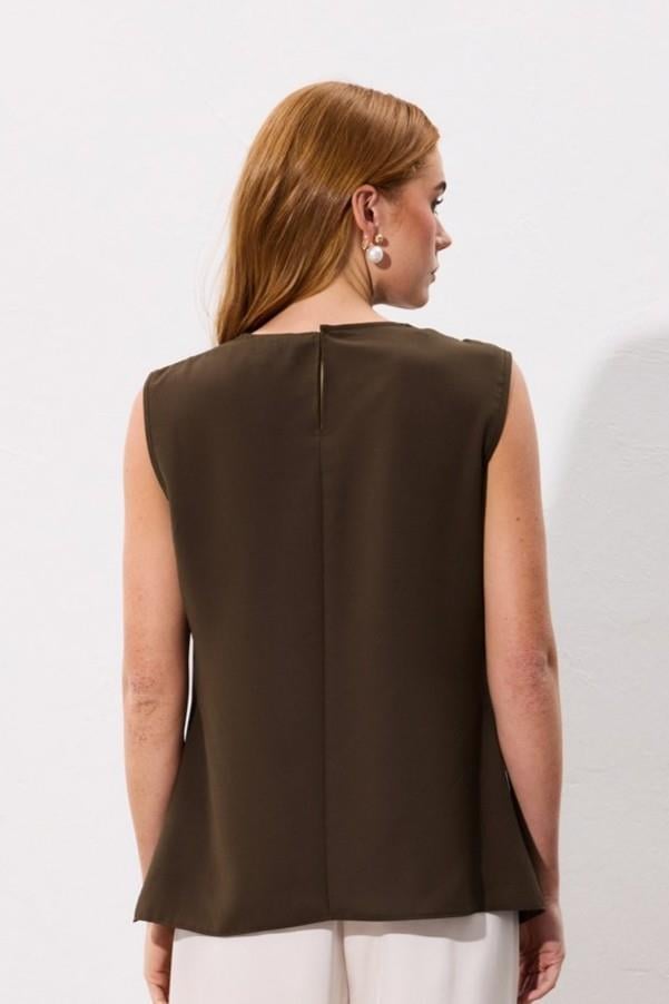 Wholesale Womens Brown Sleeveless Blouse with Pearl Embellishment