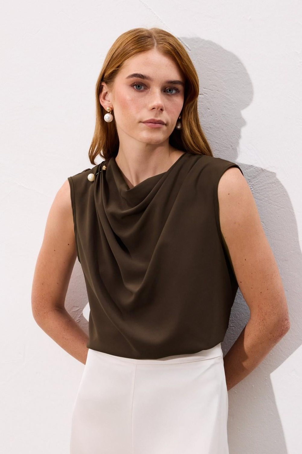 Wholesale Womens Brown Sleeveless Blouse with Pearl Embellishment