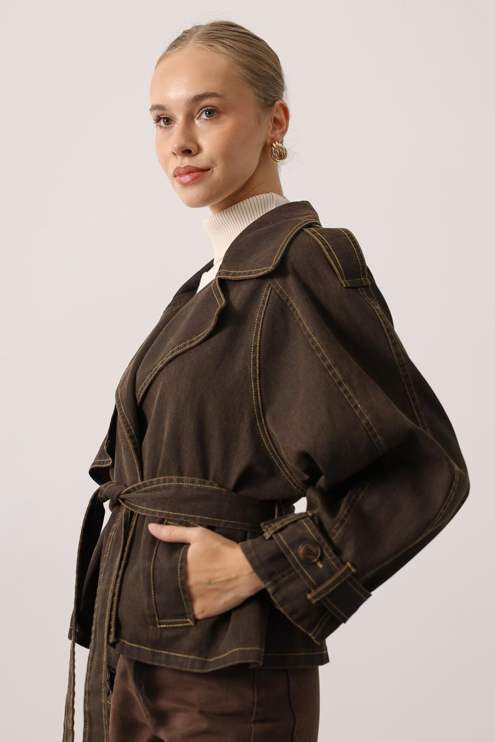 Wholesale Womens Brown Washed Effect Denim Jacket with Belt