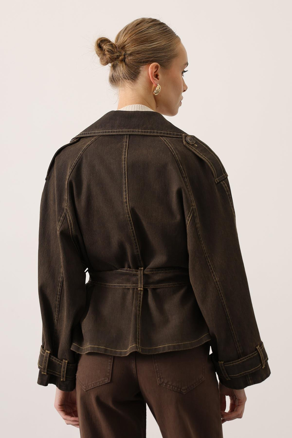 Wholesale Womens Brown Washed Effect Denim Jacket with Belt