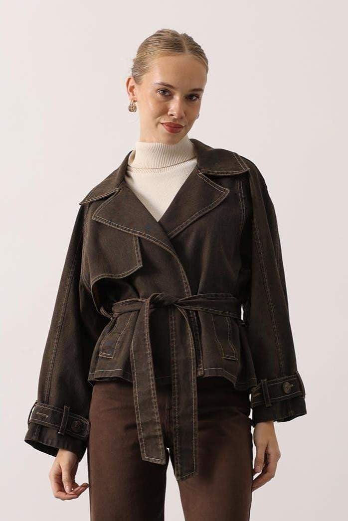 Wholesale Womens Brown Washed Effect Denim Jacket with Belt