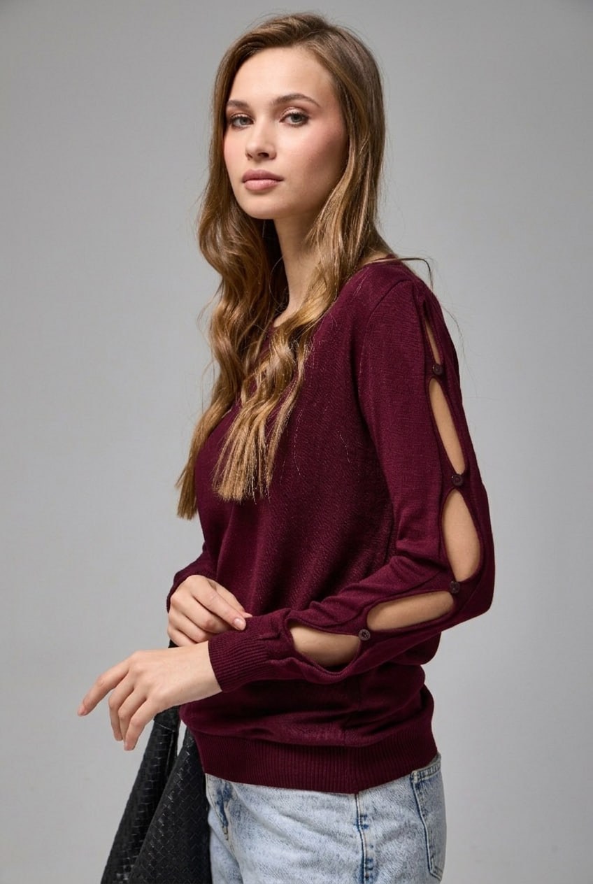 Wholesale Womens Burgundy Buttoned Cut-Out Sleeve Knit Sweater