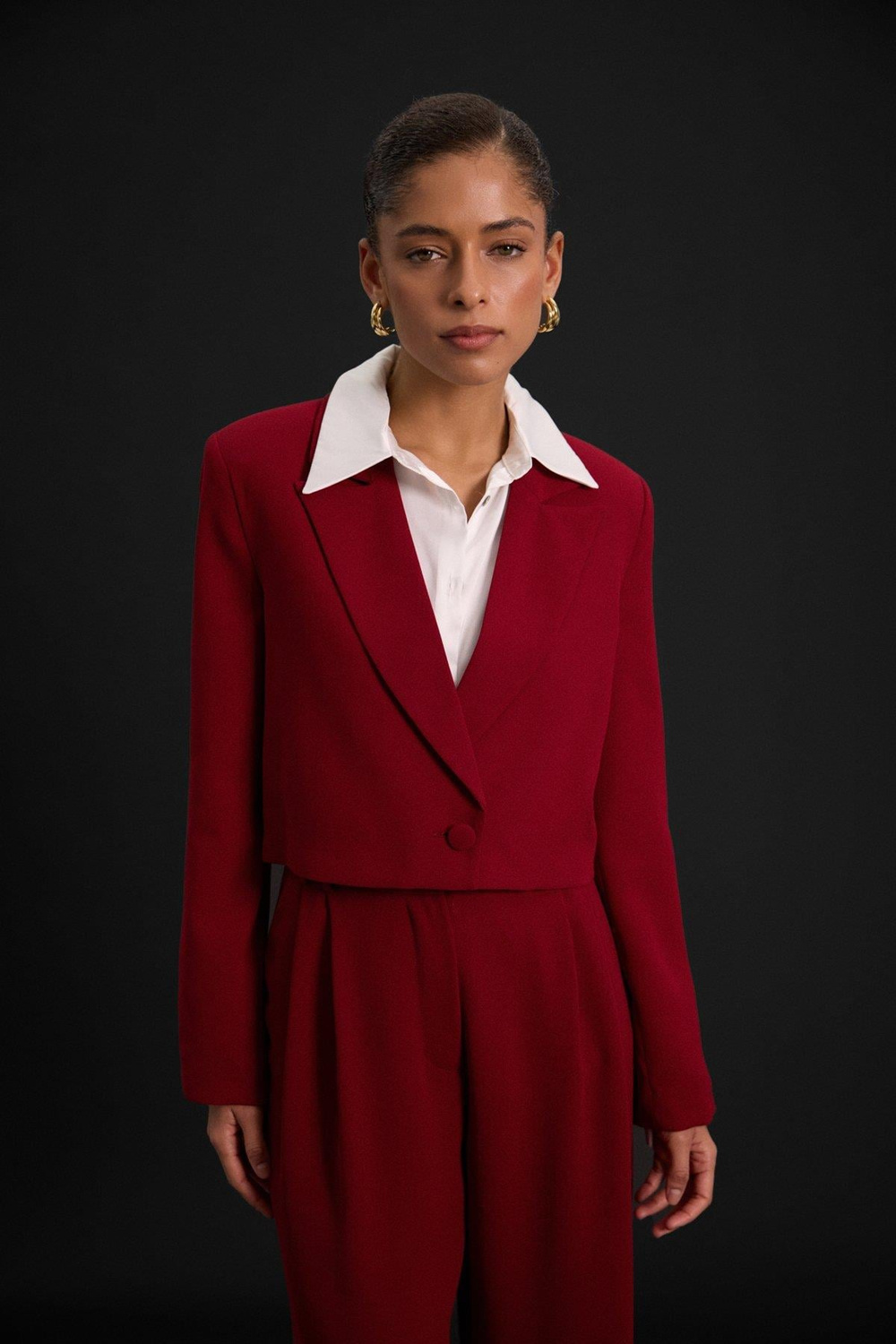 Wholesale Womens Burgundy Cropped Blazer with Notched Collar