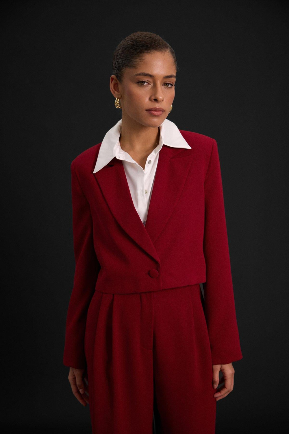 Wholesale Womens Burgundy Cropped Blazer with Notched Collar