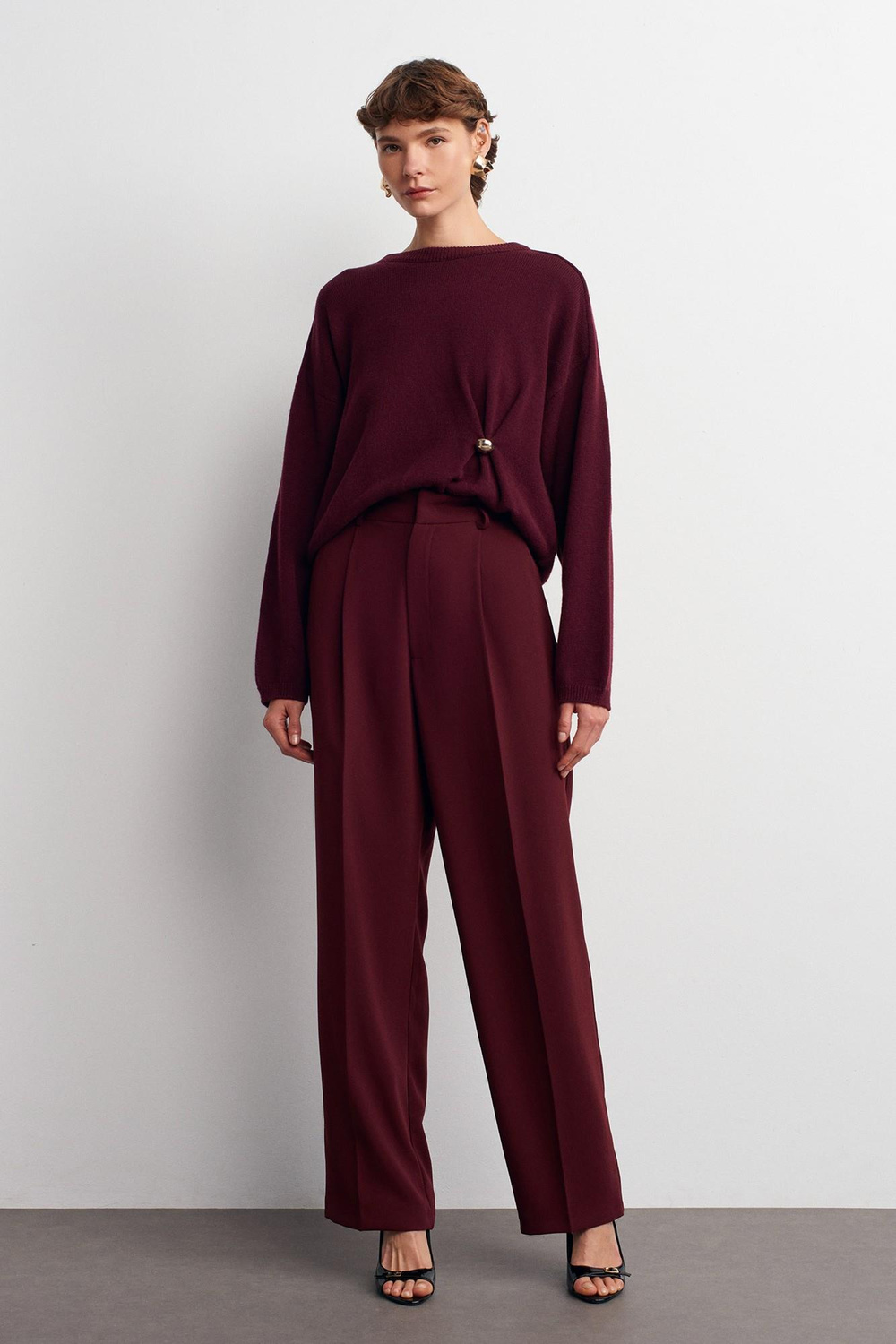 Wholesale Womens Burgundy High Waist Pleated Palazzo Trousers
