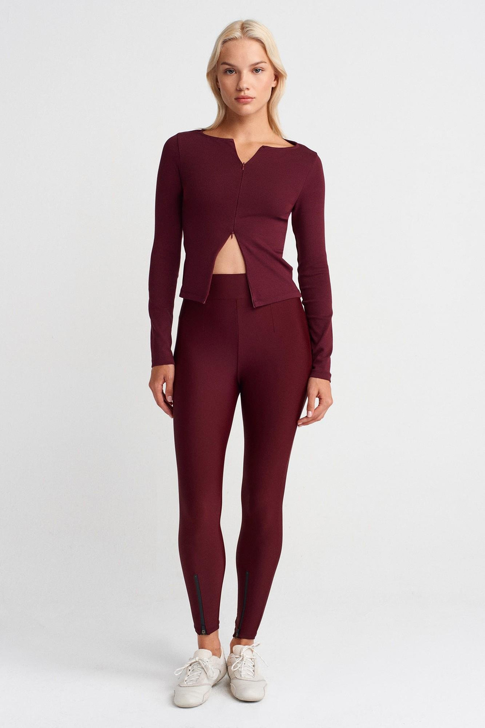 Wholesale Womens Burgundy Leggings with Front Ankle Zippers