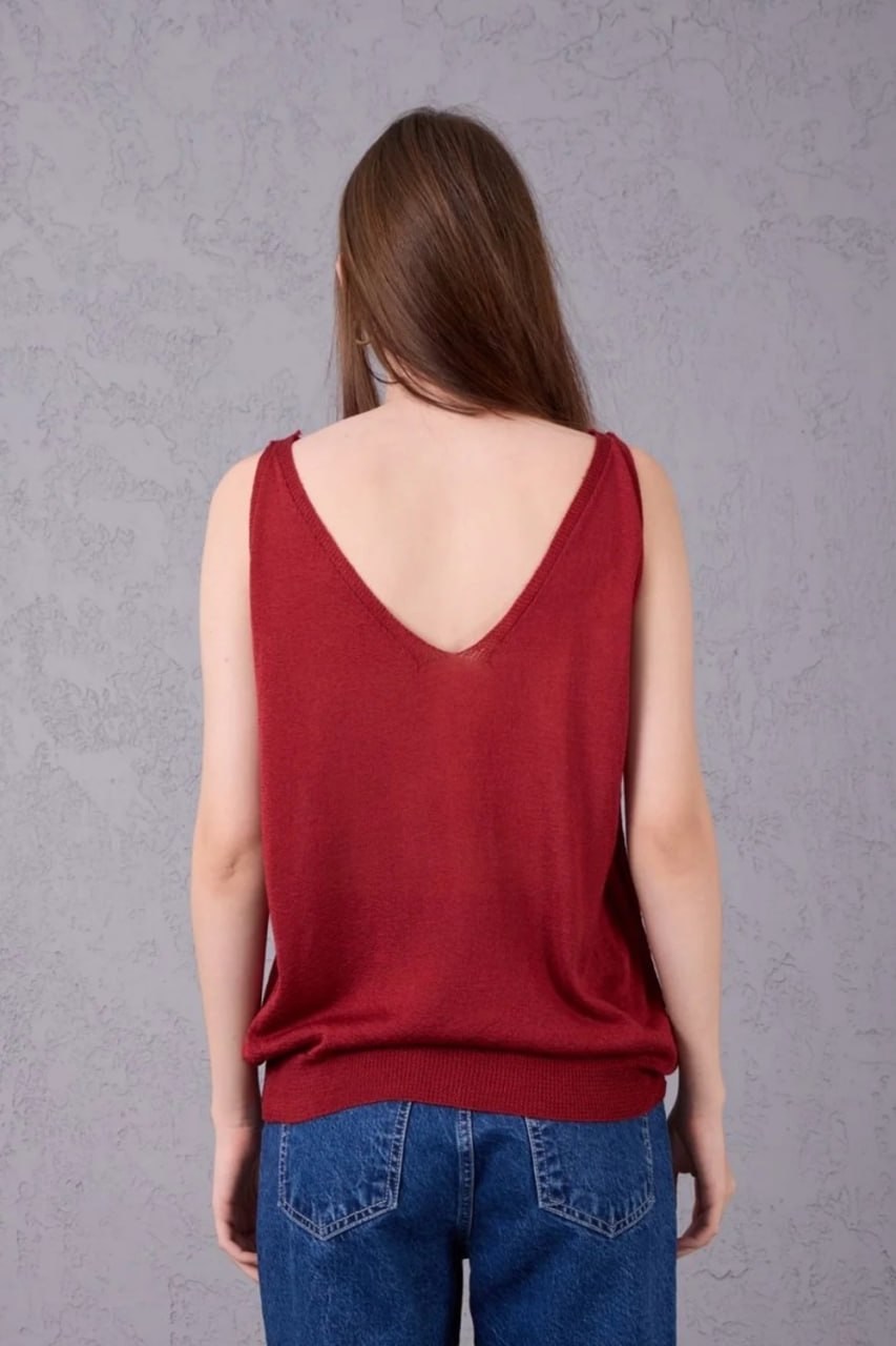 Wholesale Womens Burgundy Mercerized Knit Top with Front and Back V-Neck