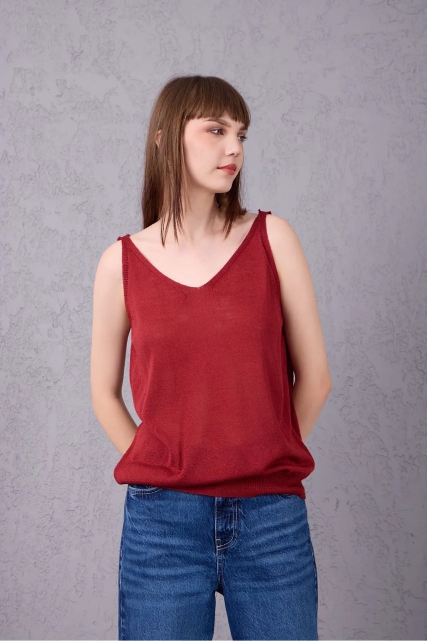 Wholesale Womens Burgundy Mercerized Knit Top with Front and Back V-Neck