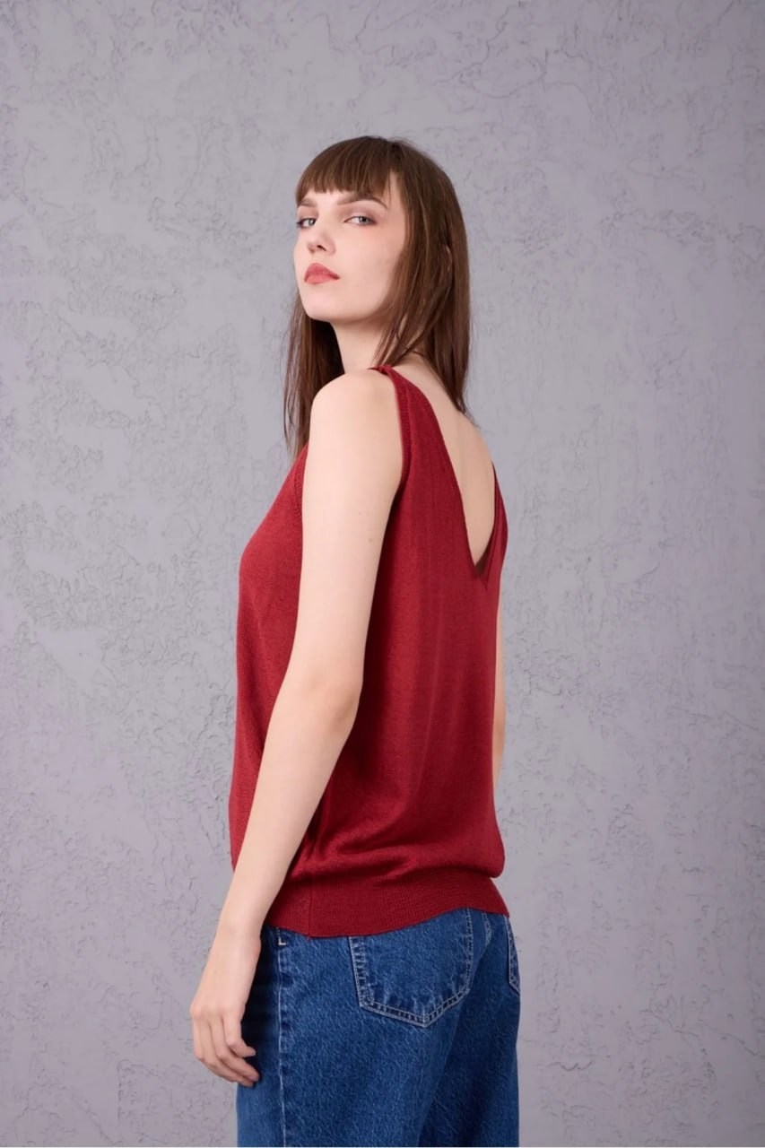 Wholesale Womens Burgundy Mercerized Knit Top with Front and Back V-Neck