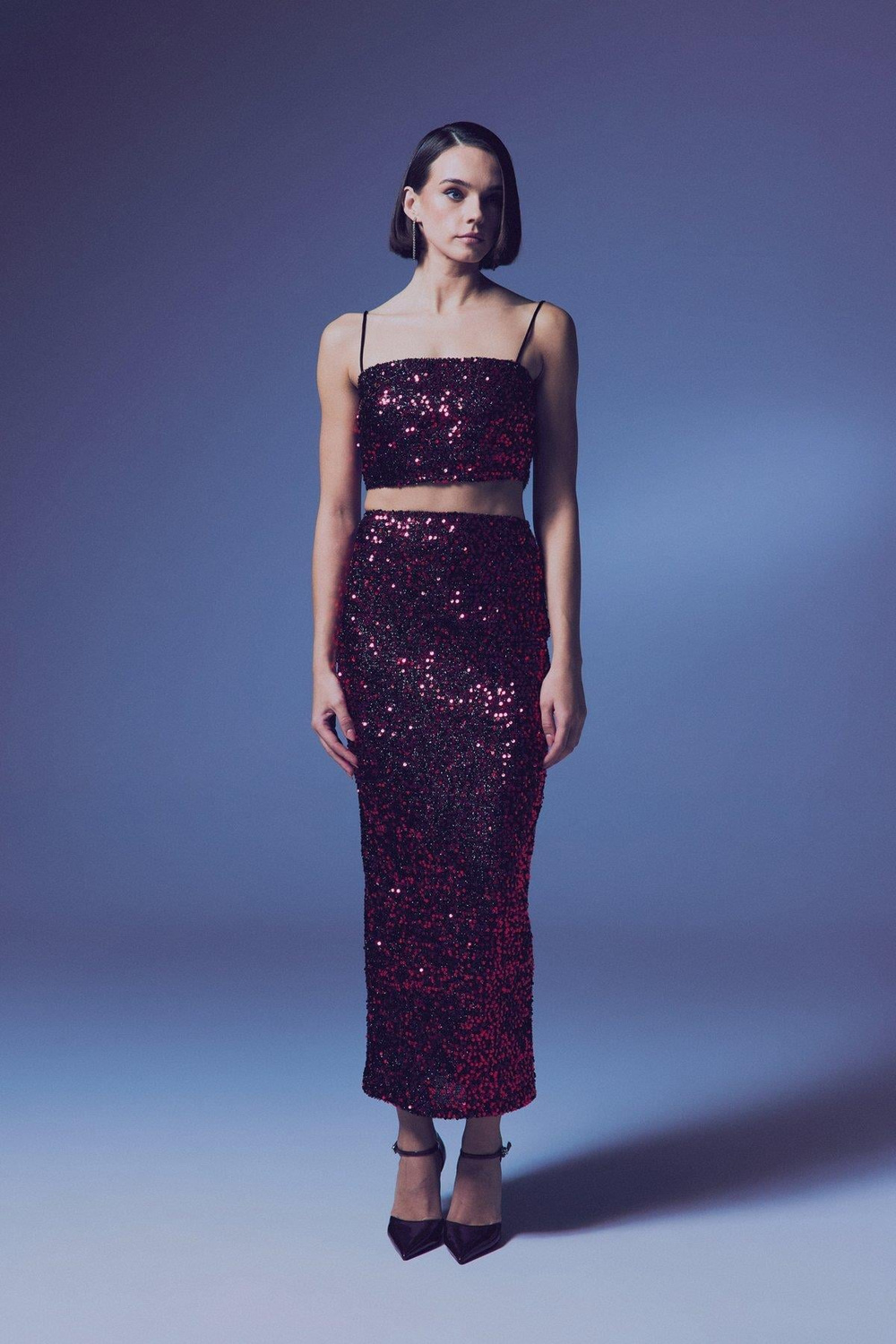 Wholesale Womens Burgundy Sequined Strappy Crop Top