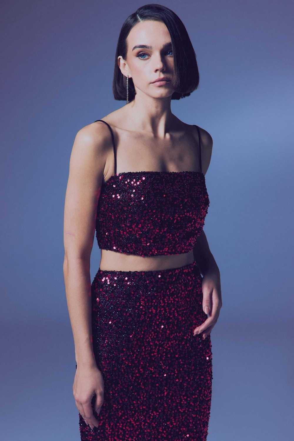 Wholesale Womens Burgundy Sequined Strappy Crop Top