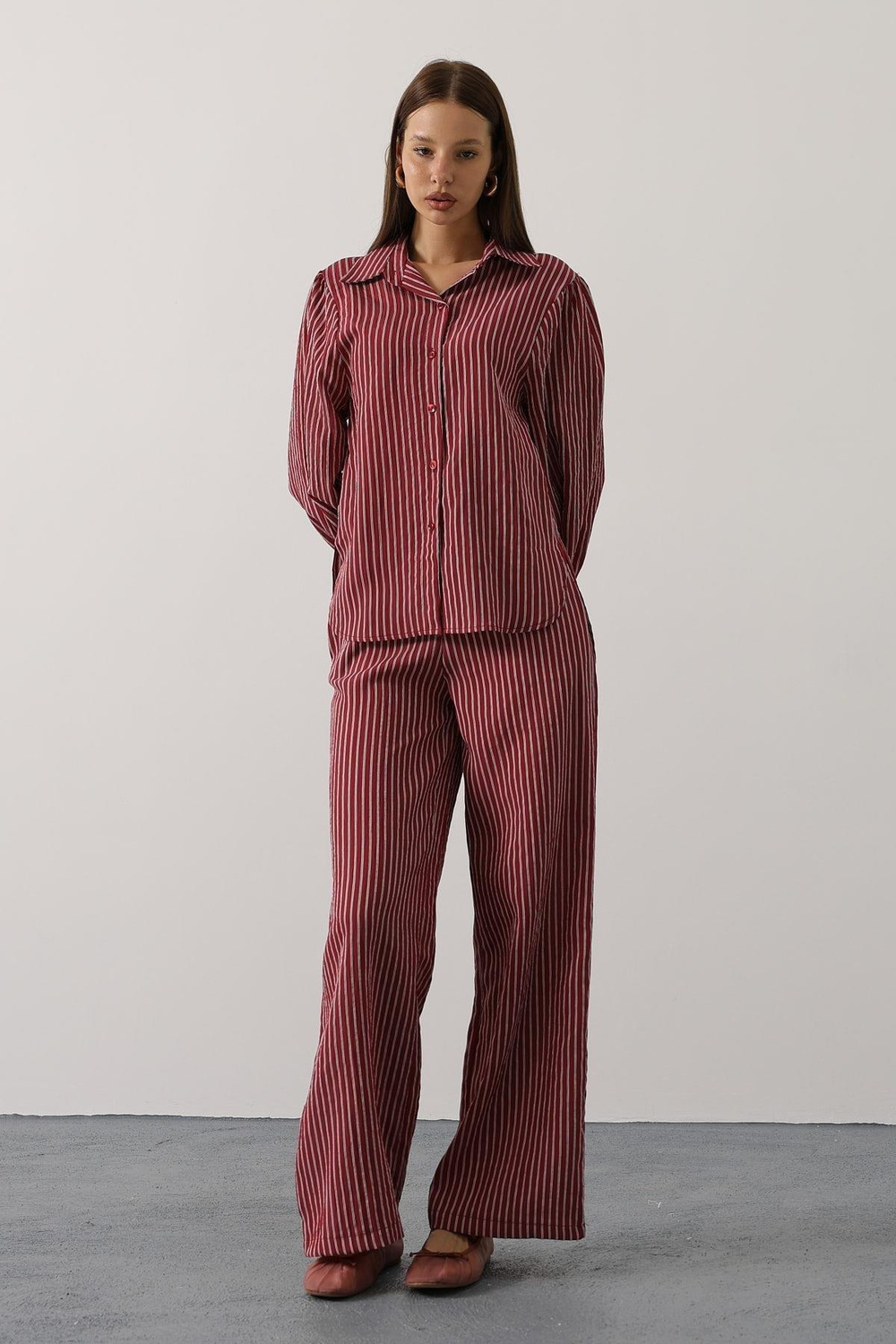 Wholesale Womens Burgundy Striped Two-Piece Set – Shirt and Pants