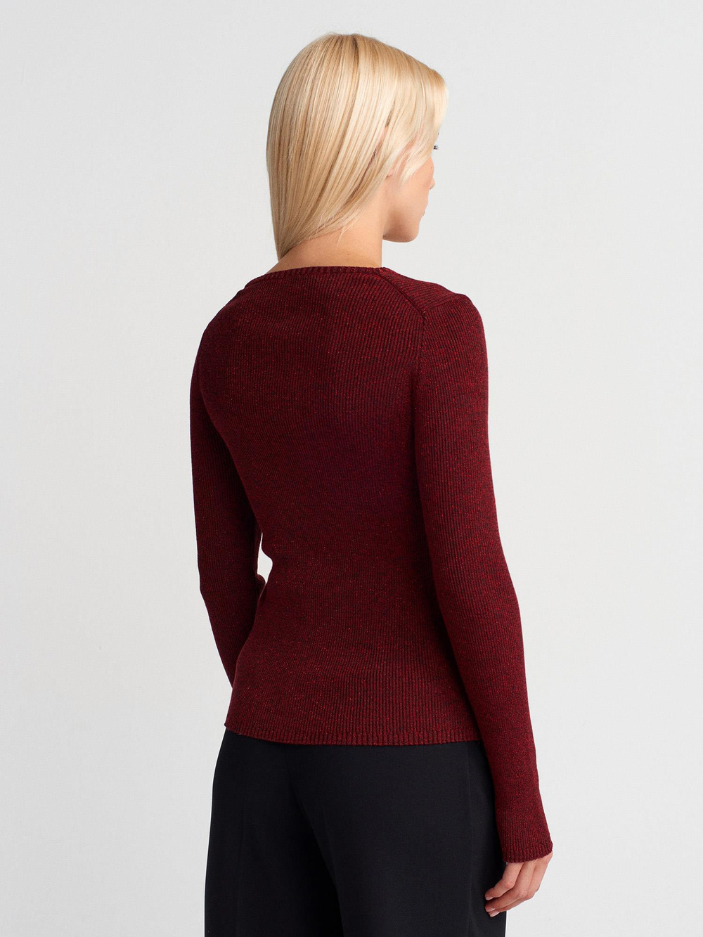 Wholesale Womens Burgundy V-Neck Lurex Knit Sweater