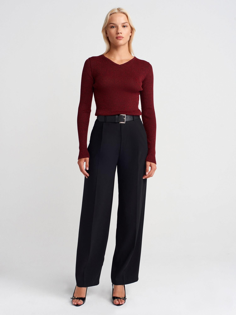 Wholesale Womens Burgundy V-Neck Lurex Knit Sweater