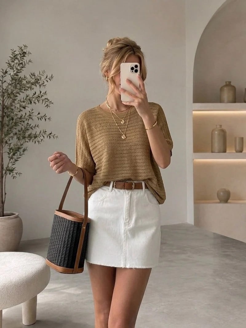 Wholesale Womens Camel Boat Neck Mercerized Openwork Fine Knit Blouse