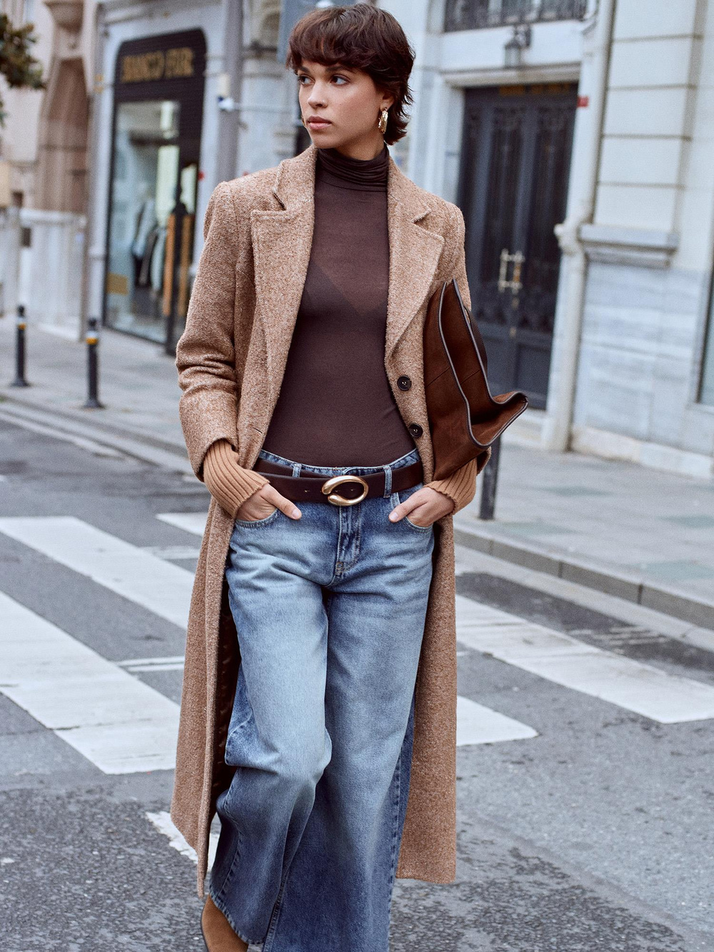 Wholesale Womens Camel Long Coat with Knitted Sleeves