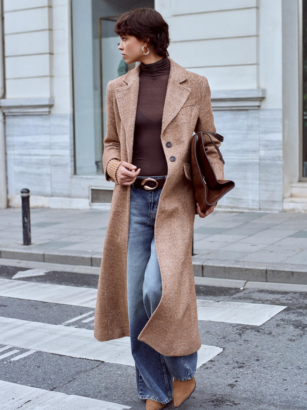 Wholesale Womens Camel Long Coat with Knitted Sleeves