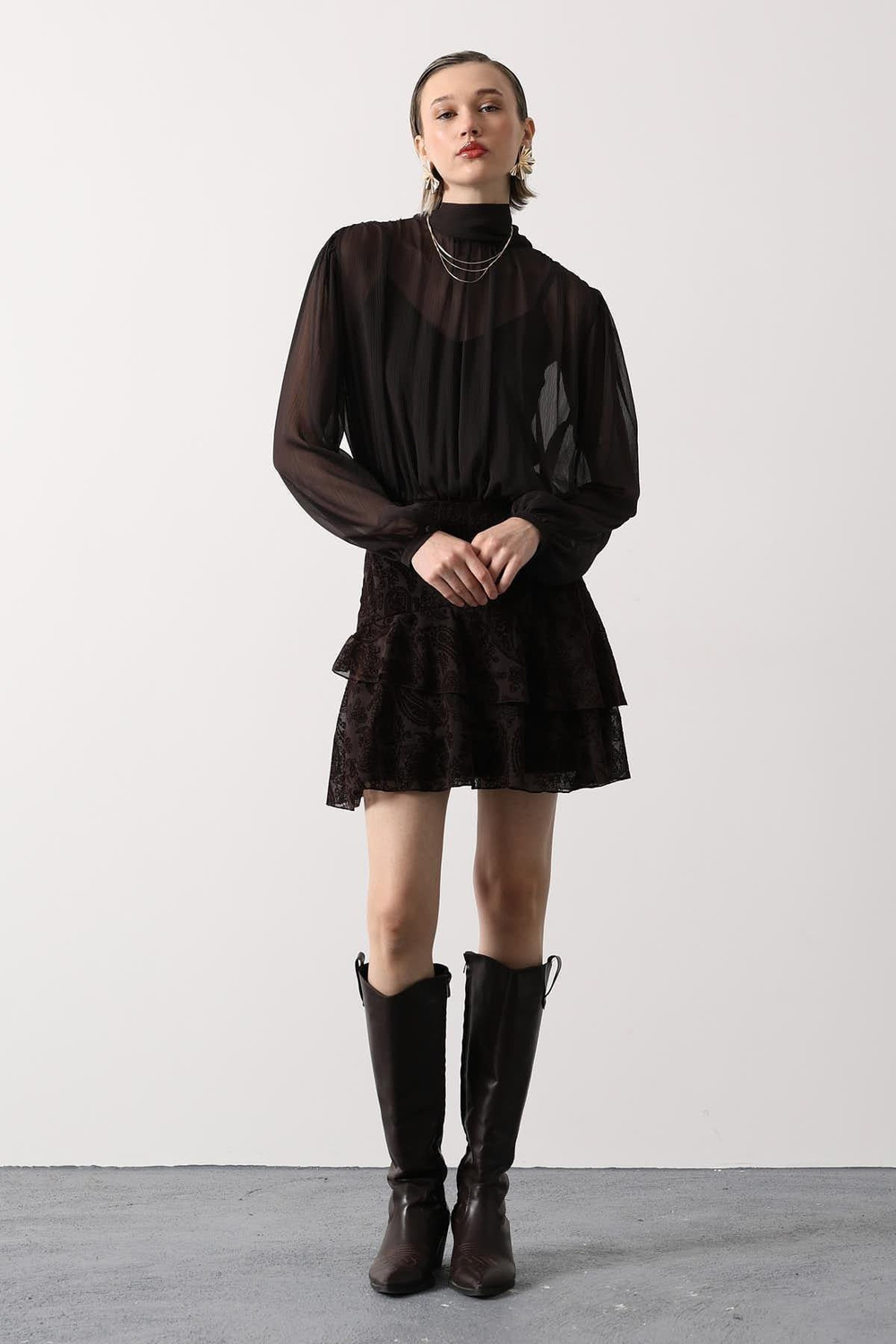 Wholesale Womens Dark Brown Chiffon Mini Dress with Tie-Neck