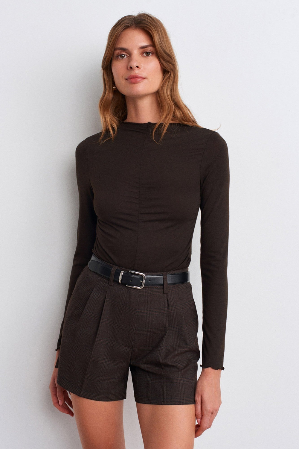 Wholesale Womens Dark Brown Gathered Long-Sleeve Top