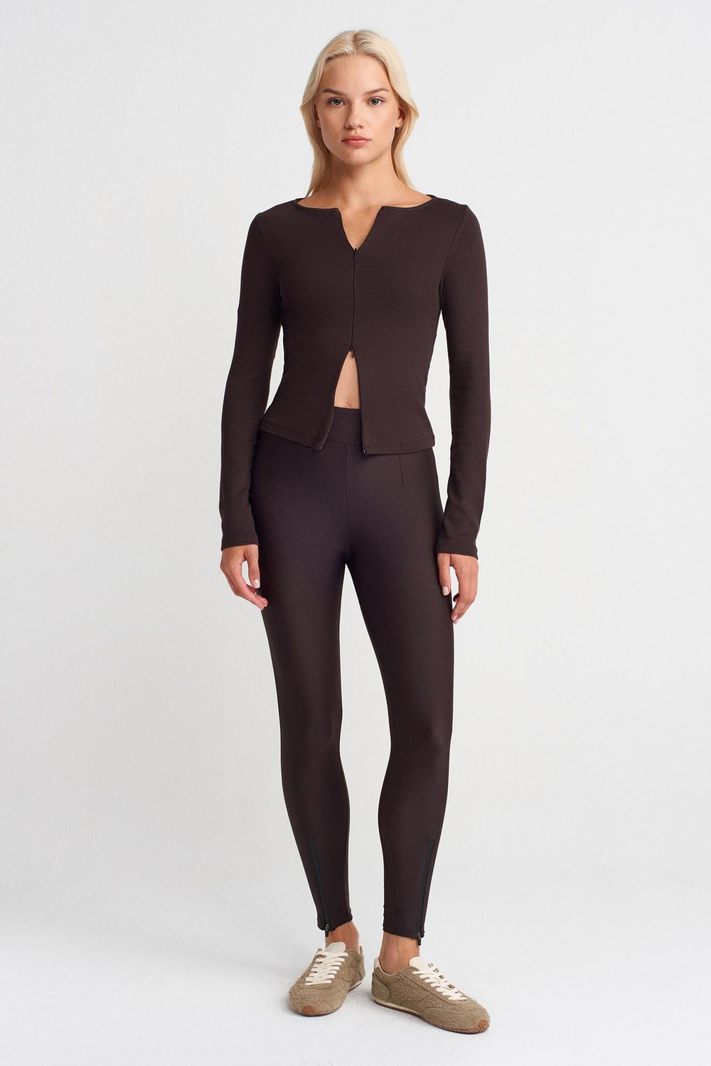 Wholesale Womens Dark Brown Leggings with Front Ankle Zippers