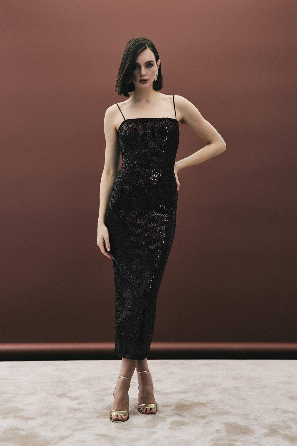 Wholesale Womens Dark Brown Sequined Strappy Party Dress