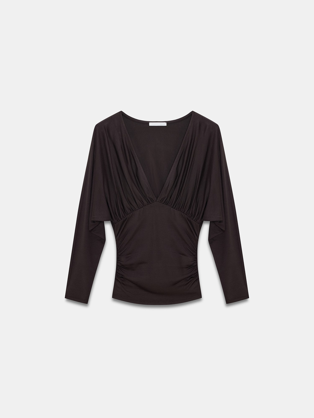 Wholesale Womens Dark Brown V-Neck Batwing Top with Underbust Gathering