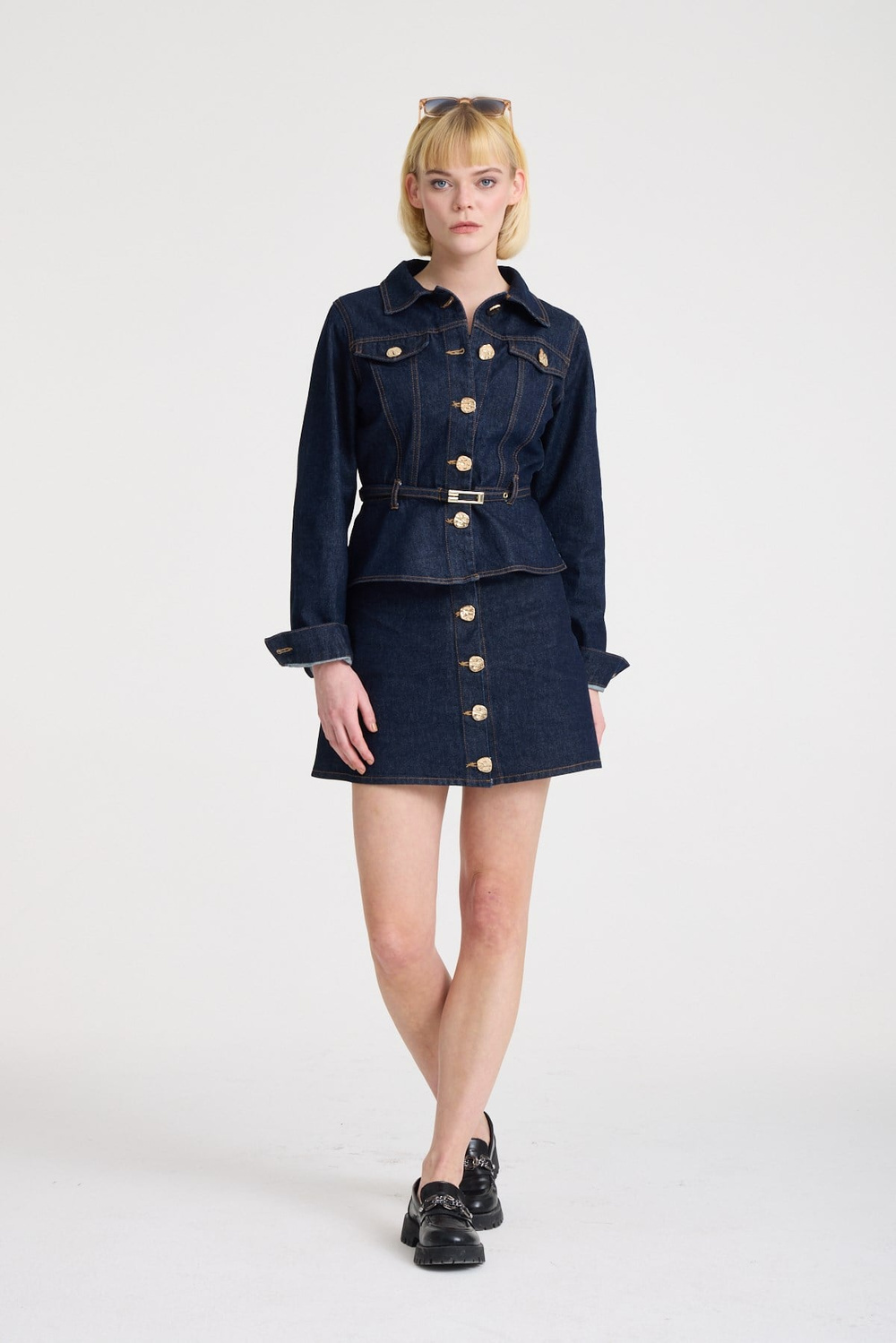 Wholesale Womens Dark Navy Denim Jacket and Skirt Set