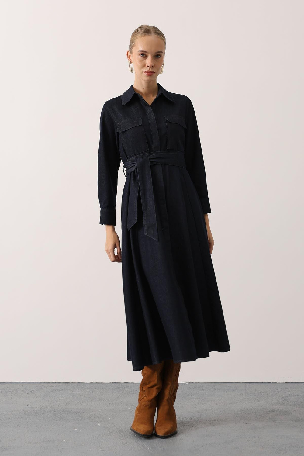 Wholesale Womens Dark Navy Denim Midi Dress with Belt