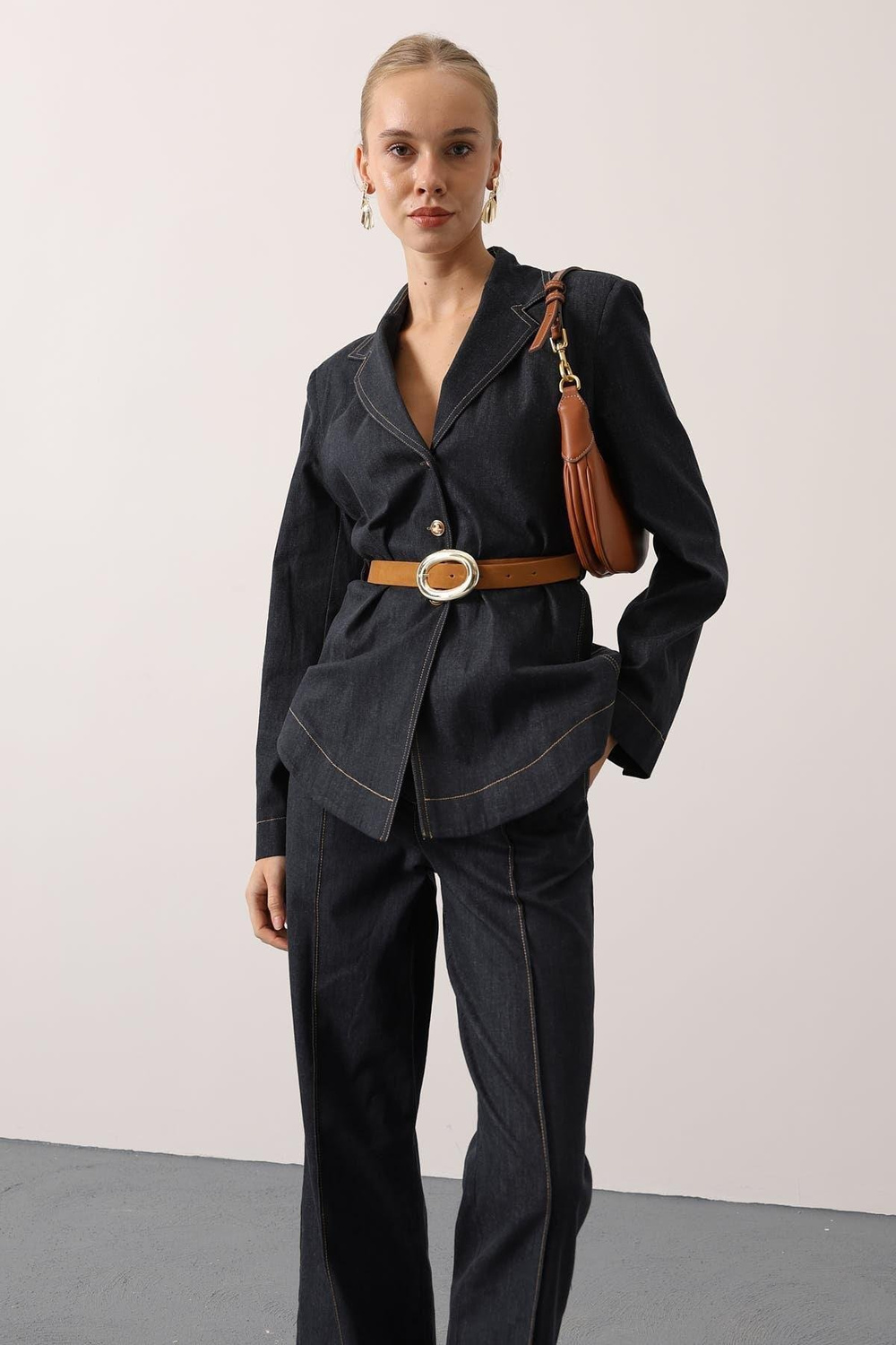 Wholesale Womens Dark Navy Denim Suit with Belt